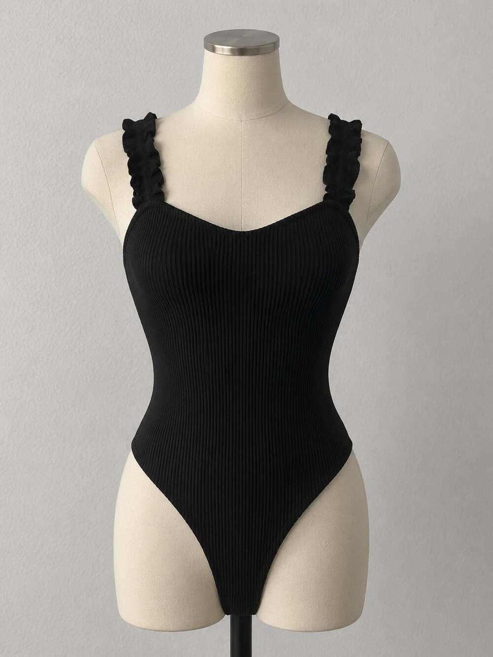 Lulus Black Ribbed Ruffle Strap Bodysuit Size S